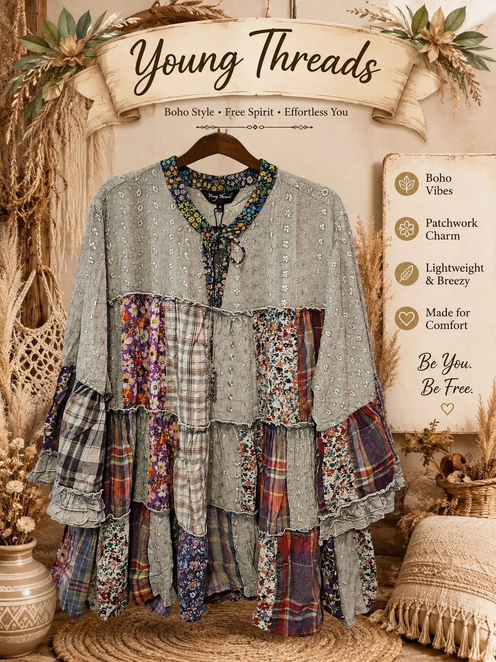 Young Threads Sage Gray Boho Patchwork Tiered Tunic